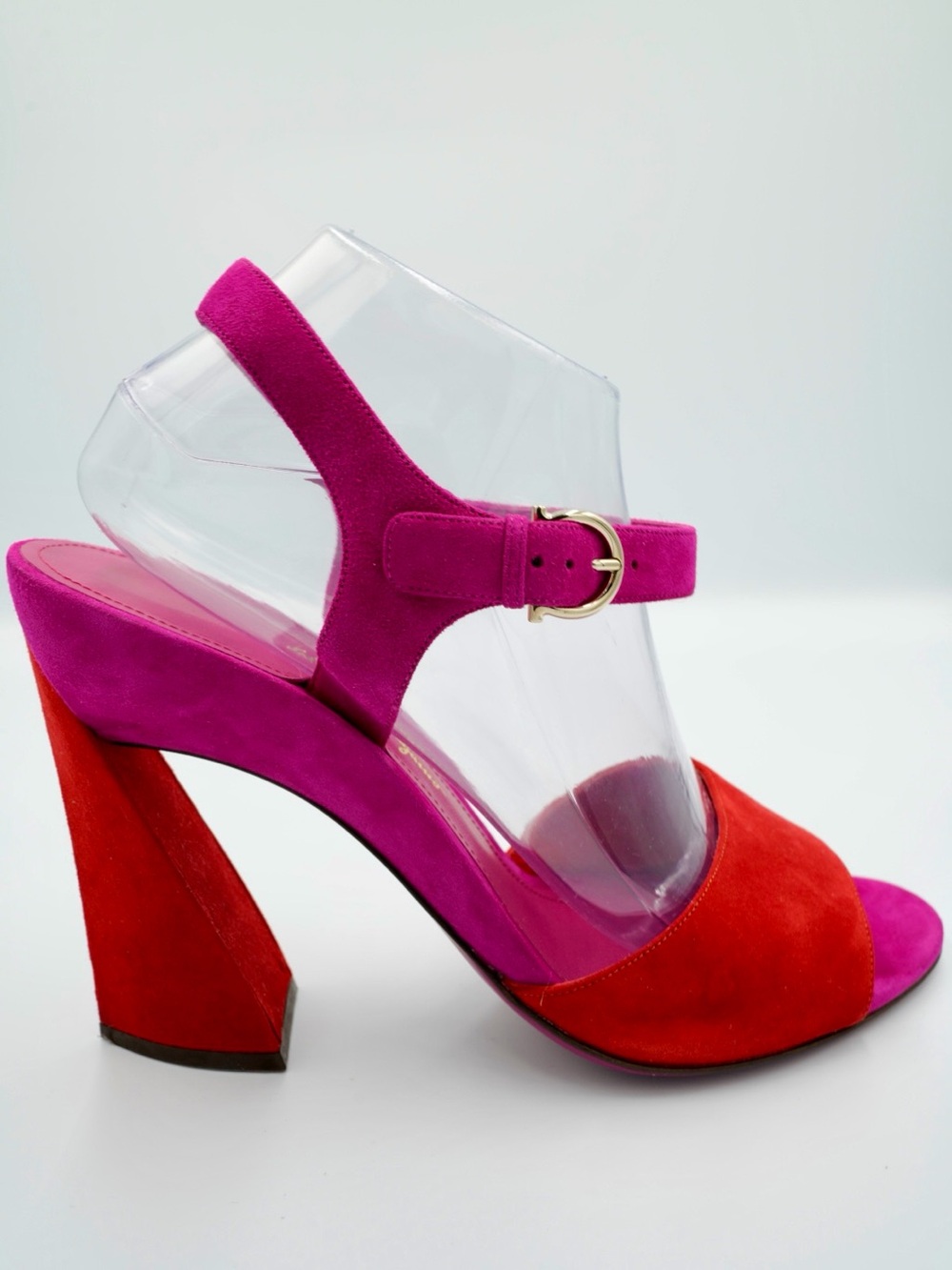 Salvatore Ferragamo Aede Colorblock Suede Sculptural Heel Sandals Size 10 - Picture 6 of 6